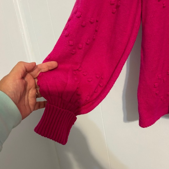 Lilly Pulitzer Pink Heart Pom Pom Sweater Puff Sleeve Knit Size M - Picture 2 of 9